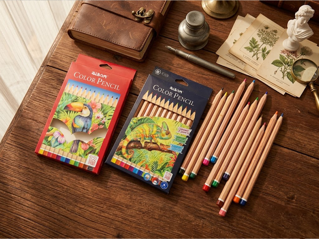 Thick-barrel colored pencil sample display for wholesale stationery buyers