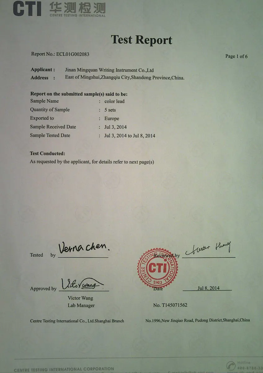 EN 71-3 migration of certain elements test report for Zibom pencil products