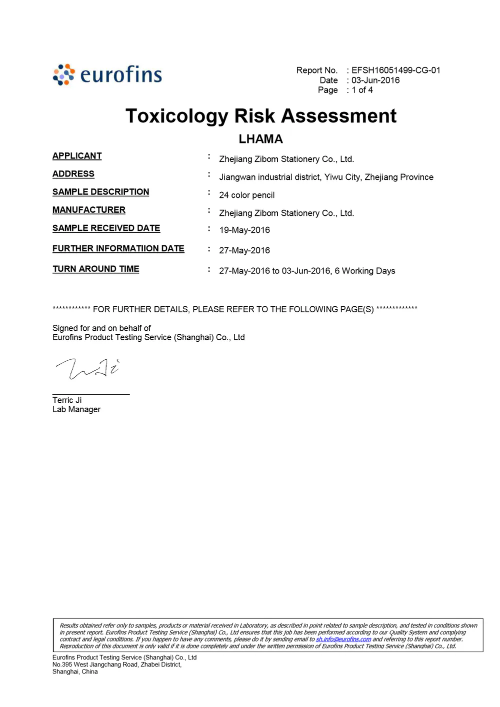 First page of Zibom LHAMA toxicology risk assessment