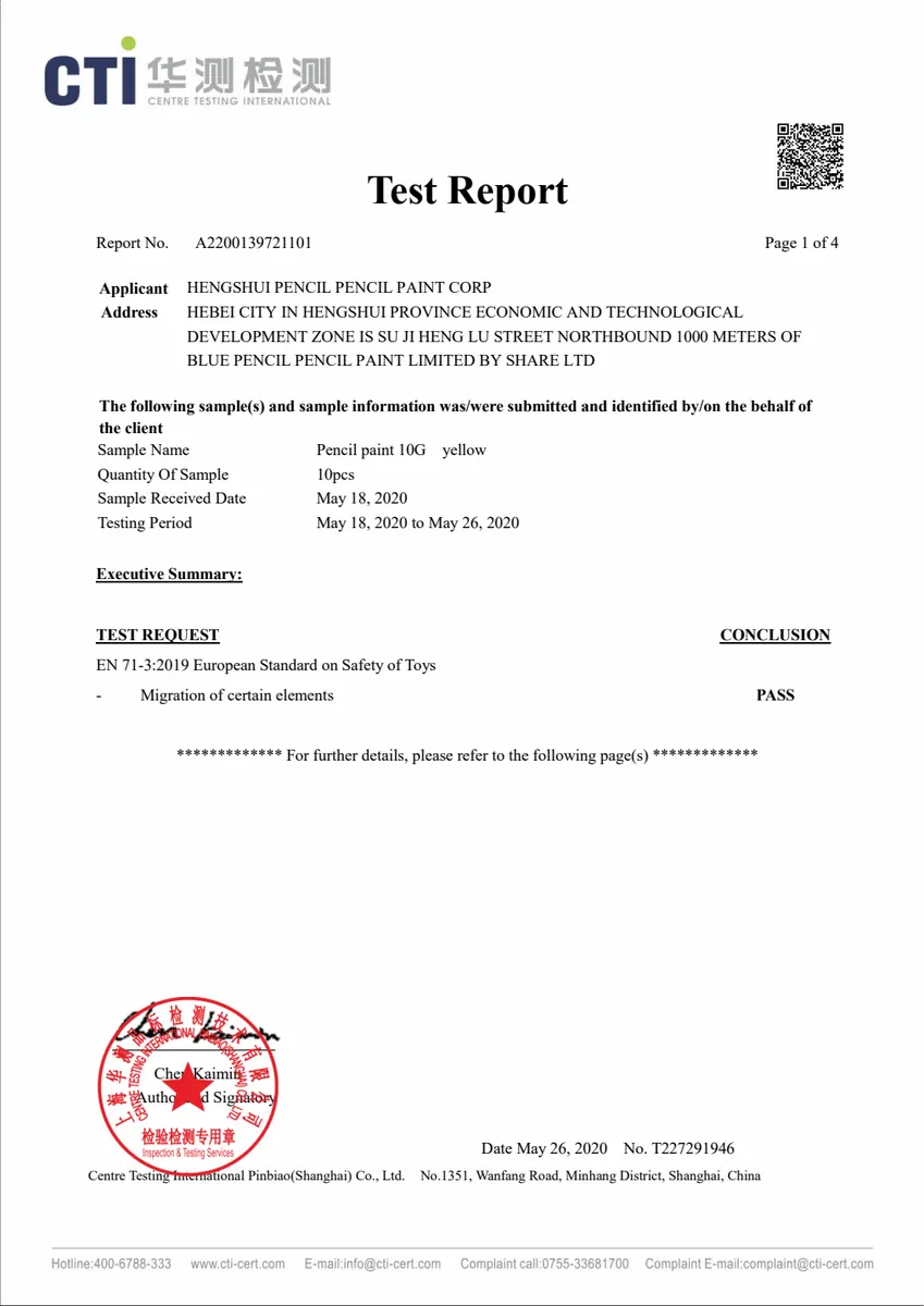 Pencil paint EN 71-3 migration test report for yellow pencil coating material