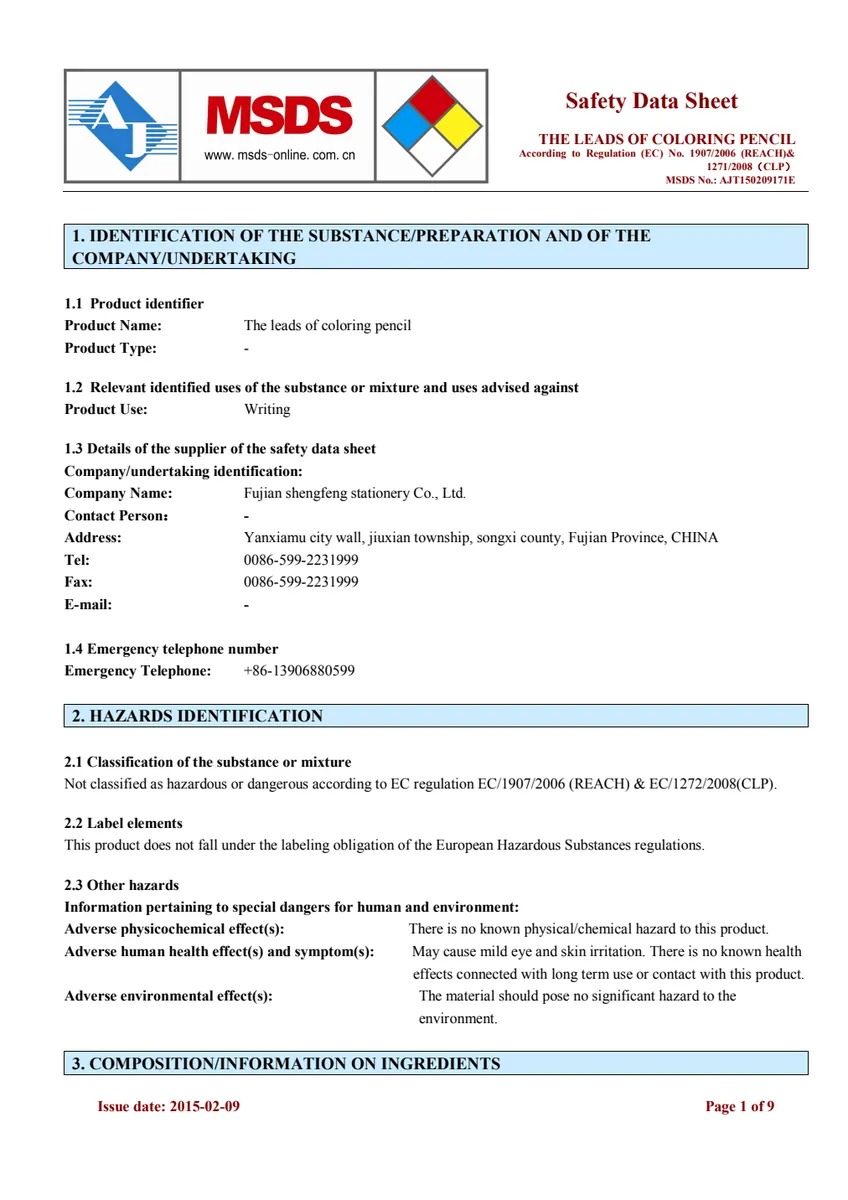 Pencil material MSDS test report for Zibom stationery orders